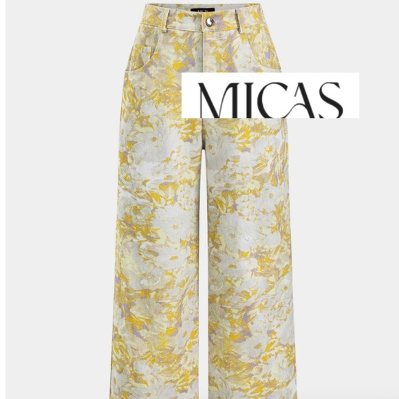 Micas Denim - NEW MICAS abstract yellow print wide leg jeans, L,   PG1437